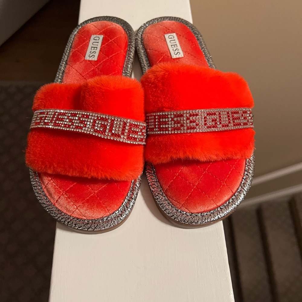 Neon Coral Guess Furry Bling Slippers